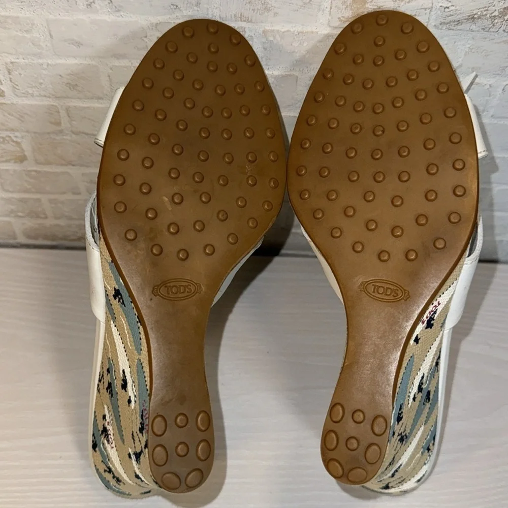 Tod's White Ribbon Wedge Wakeboard Pattern Espadrille Sandal Heel Shoes